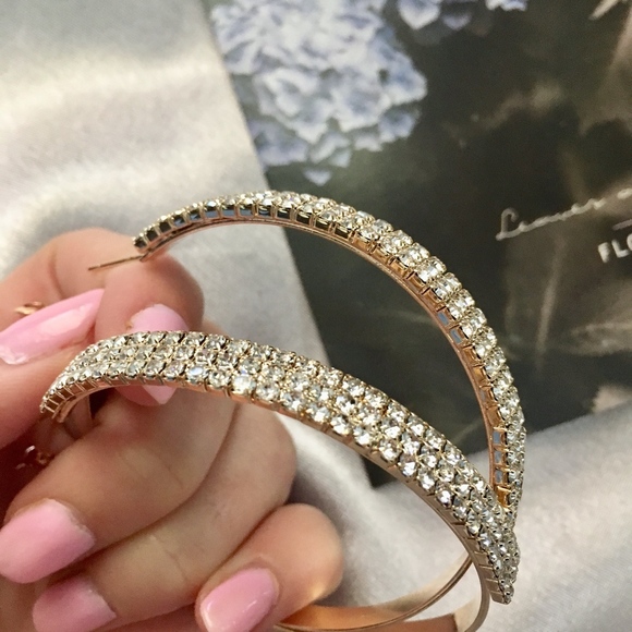 Rhinestones Triple Layer Large Gold Hoop Earrings - Picture 5 of 7